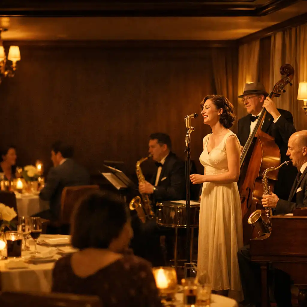 Jazz zenekar játszik egy elegáns étteremben, meleg fényekkel