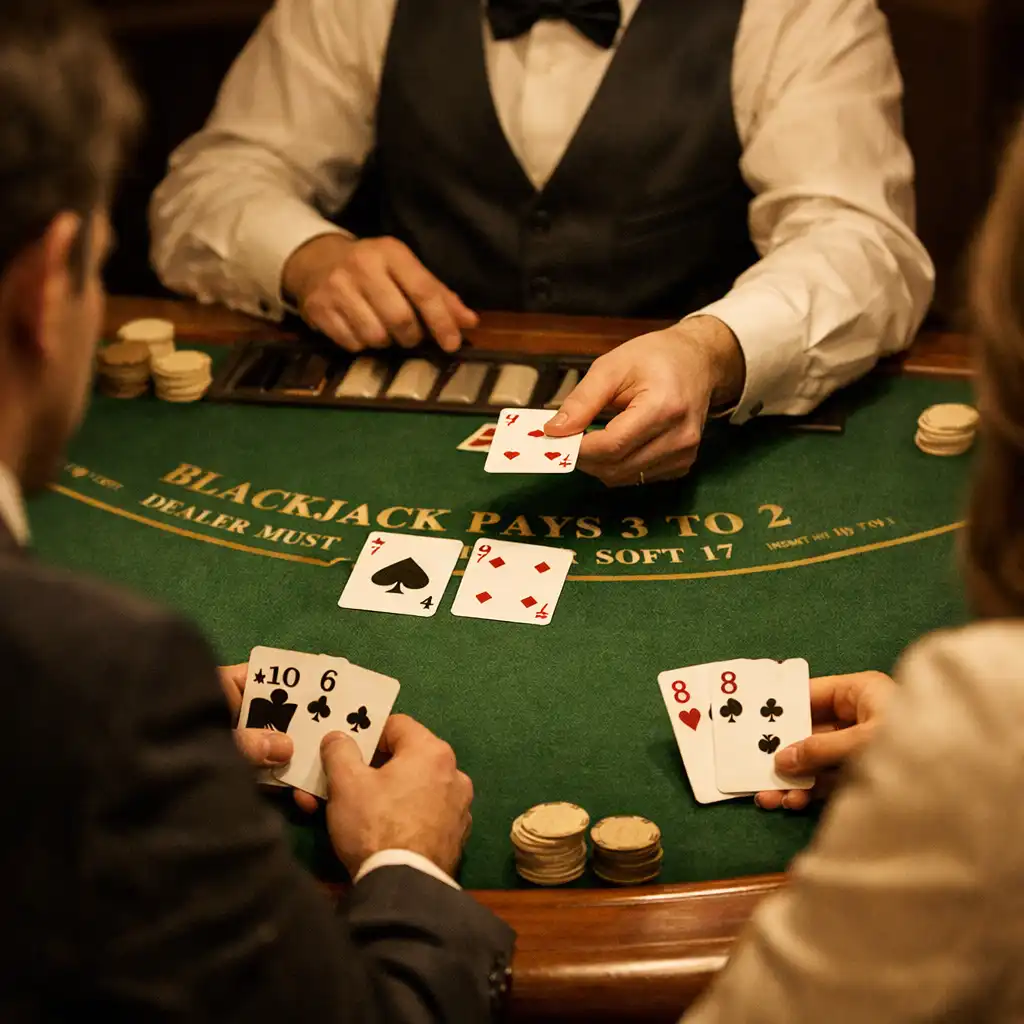 Krupié oszt kártyát egy blackjack asztalnál, zöld filc asztalon